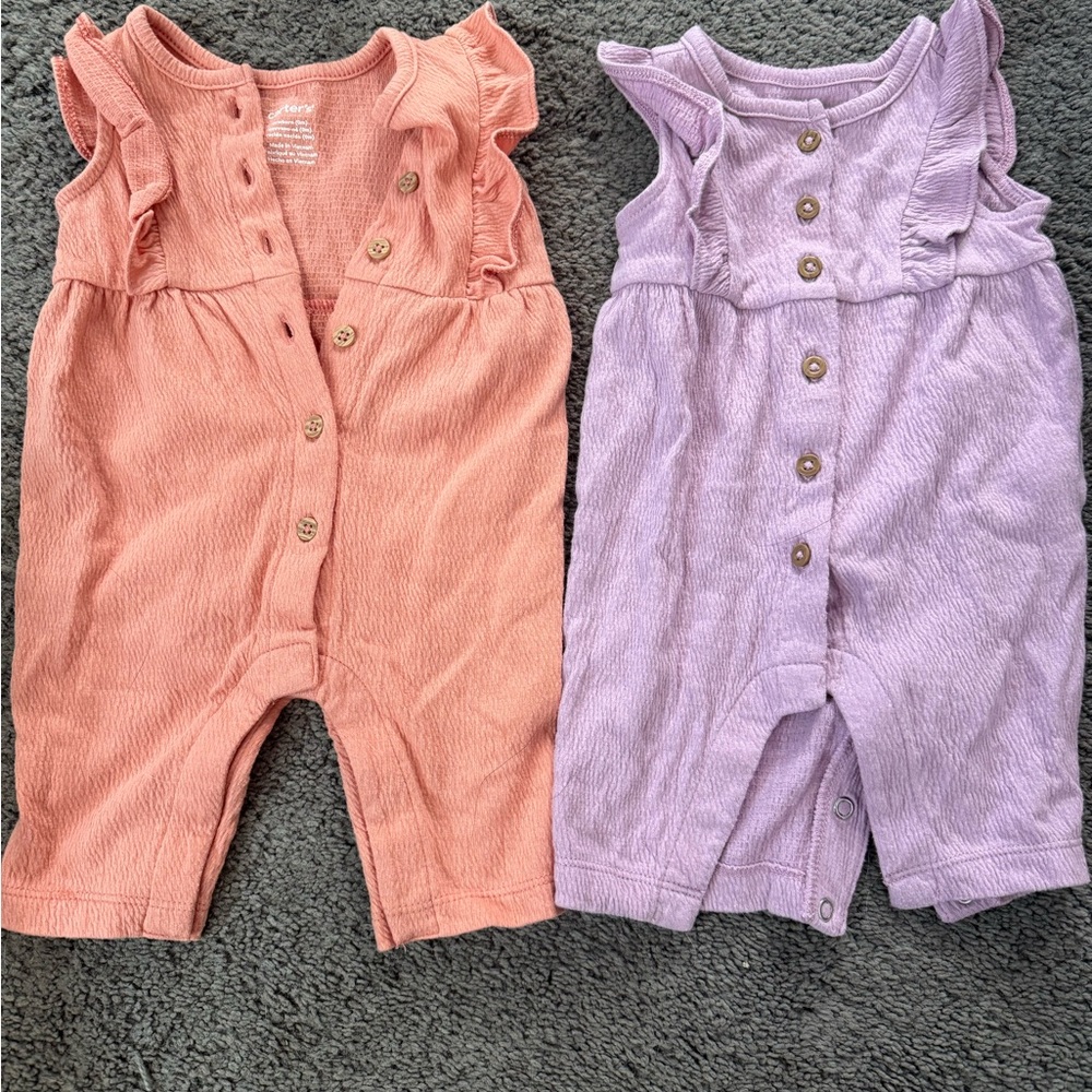 Carters Peach and Lavender Ruffled Button Rompers